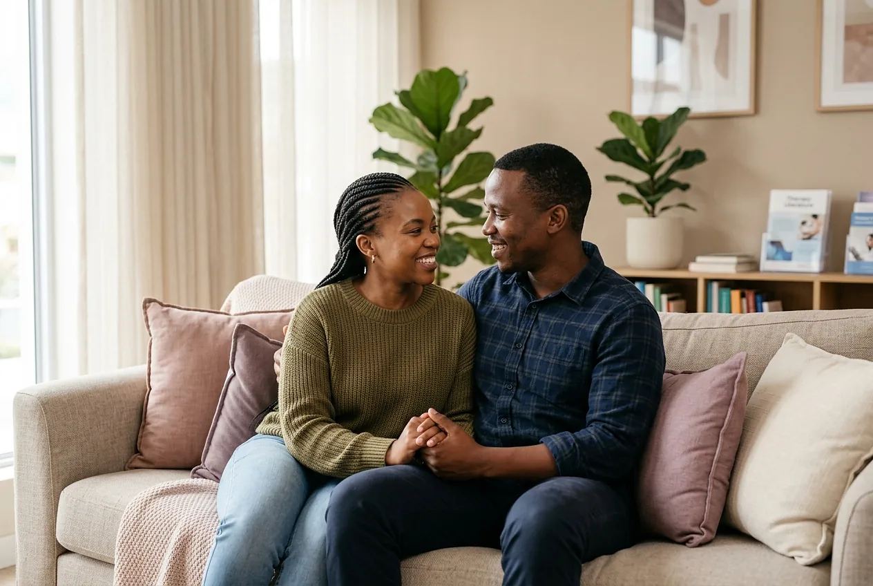 Couple holding hands and smiling hopefully at each other