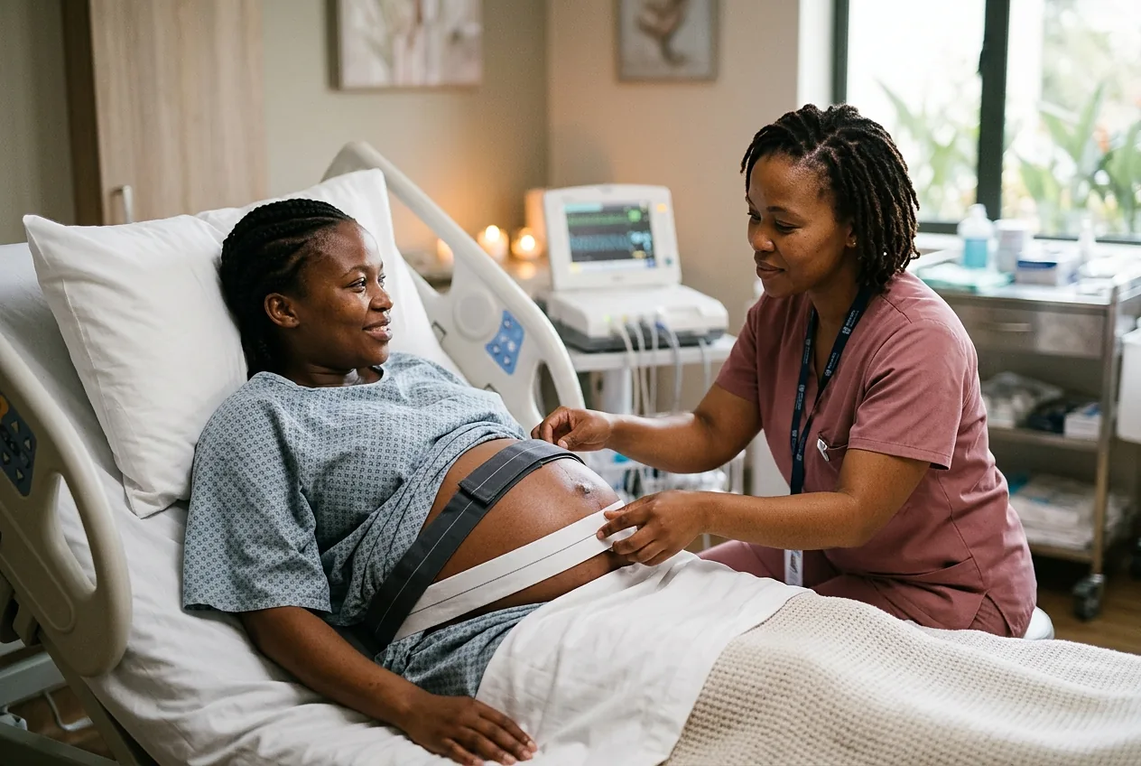 Midwife adjusting foetal monitoring belts for a pregnant patient in a maternity ward