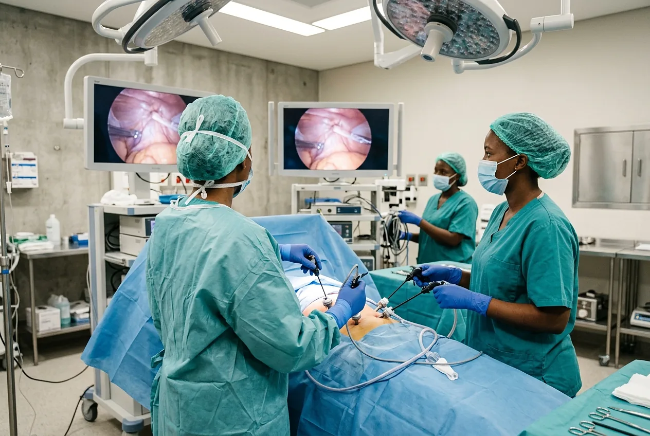 Surgical team performing minimally invasive keyhole surgery in a modern theatre
